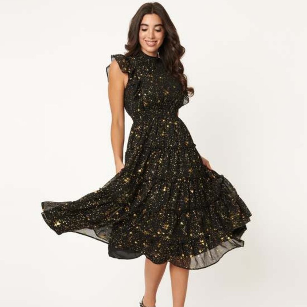 Unique Vintage Black & Gold Stars Midi Dress - Medium - NWT